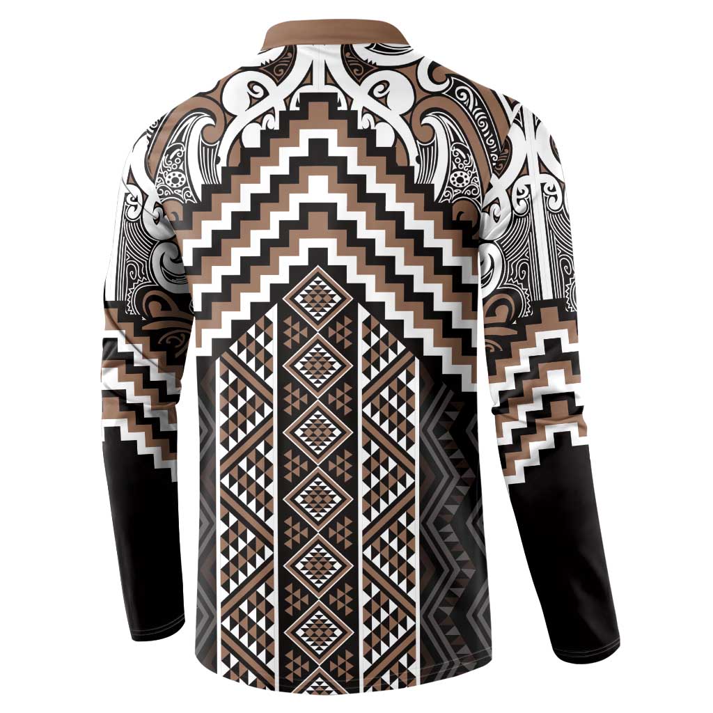 Maori Tukutuku Taniko Motifs Button Sweatshirt Brown Poutama Mix Kowhaiwhai LT7 - Polynesian Pride