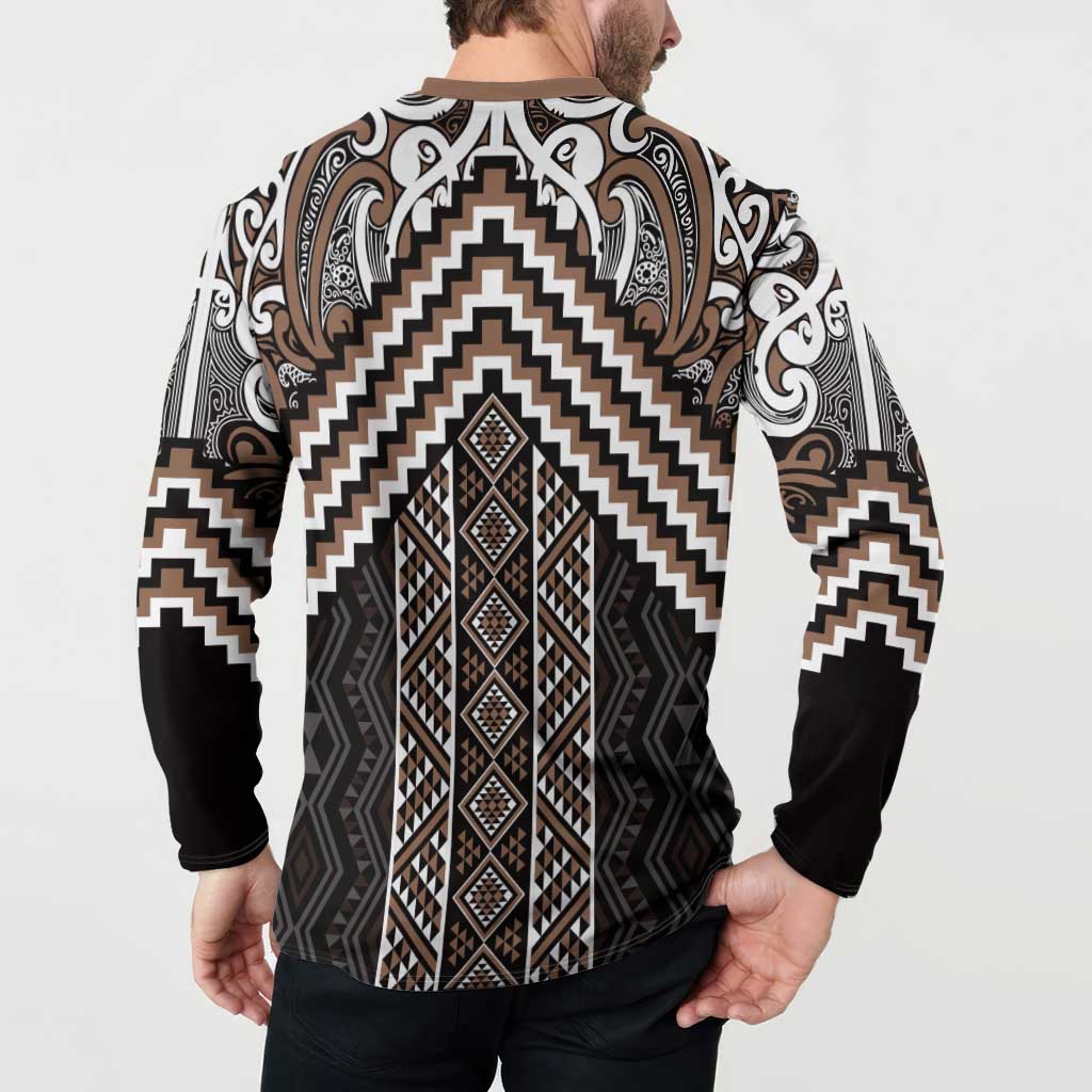 Maori Tukutuku Taniko Motifs Button Sweatshirt Brown Poutama Mix Kowhaiwhai LT7 - Polynesian Pride