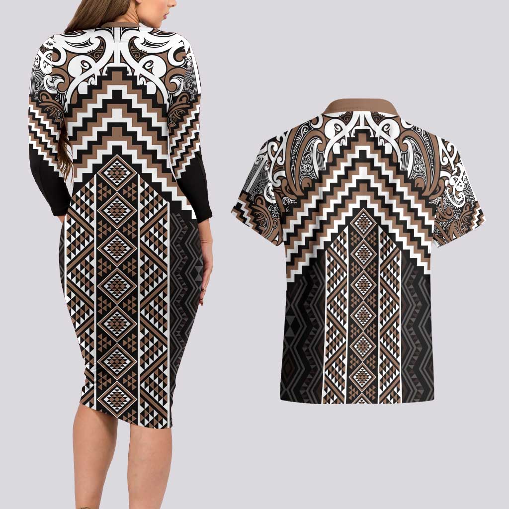 Maori Tukutuku Taniko Motifs Couples Matching Long Sleeve Bodycon Dress and Hawaiian Shirt Brown Poutama Mix Kowhaiwhai