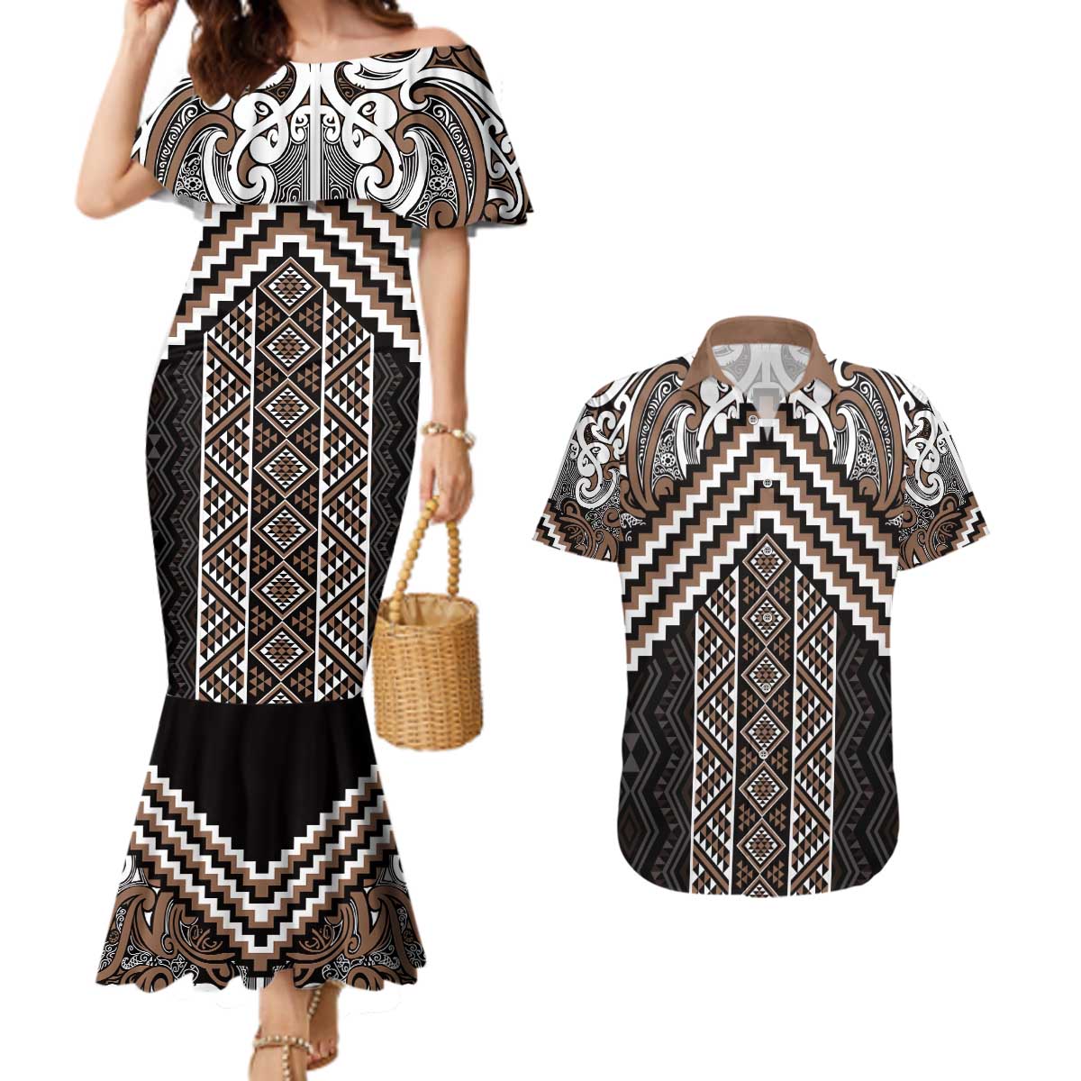 Maori Tukutuku Taniko Motifs Couples Matching Mermaid Dress and Hawaiian Shirt Brown Poutama Mix Kowhaiwhai