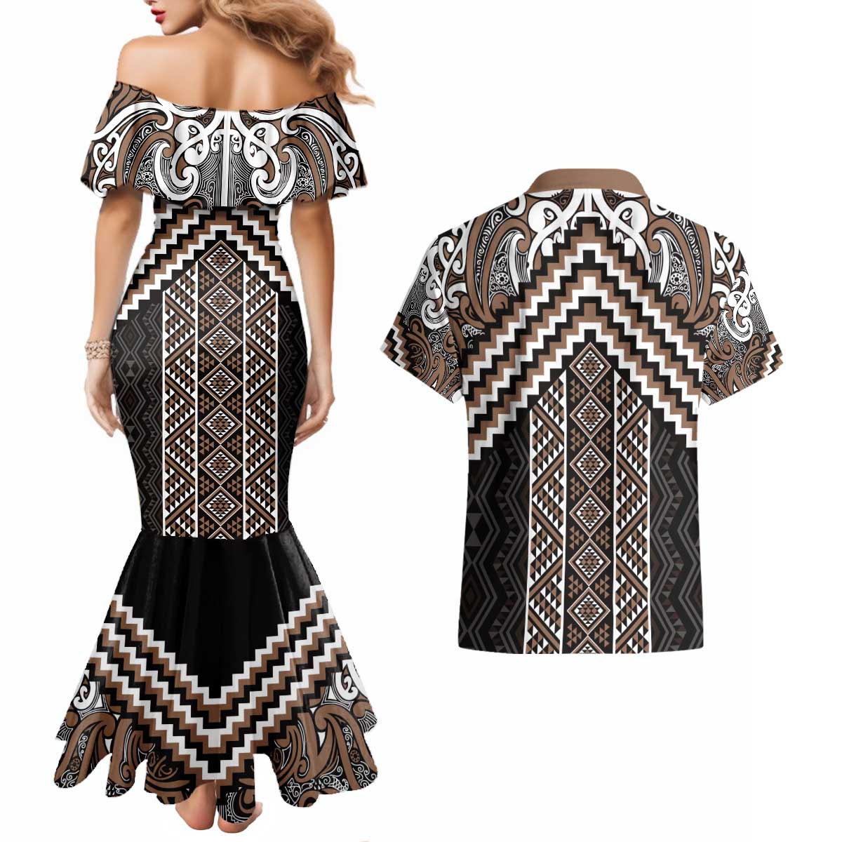 Maori Tukutuku Taniko Motifs Couples Matching Mermaid Dress and Hawaiian Shirt Brown Poutama Mix Kowhaiwhai