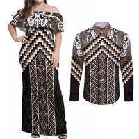 Maori Tukutuku Taniko Motifs Couples Matching Off Shoulder Maxi Dress and Long Sleeve Button Shirt Brown Poutama Mix Kowhaiwhai