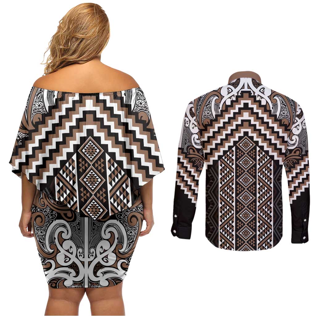 Maori Tukutuku Taniko Motifs Couples Matching Off Shoulder Short Dress and Long Sleeve Button Shirt Brown Poutama Mix Kowhaiwhai