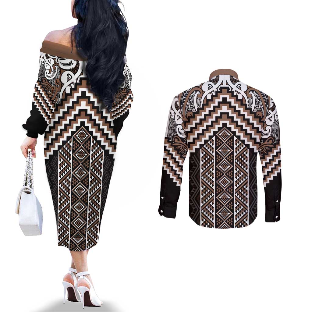 Maori Tukutuku Taniko Motifs Couples Matching Off The Shoulder Long Sleeve Dress and Long Sleeve Button Shirt Brown Poutama Mix Kowhaiwhai