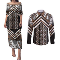 Maori Tukutuku Taniko Motifs Couples Matching Puletasi and Long Sleeve Button Shirt Brown Poutama Mix Kowhaiwhai
