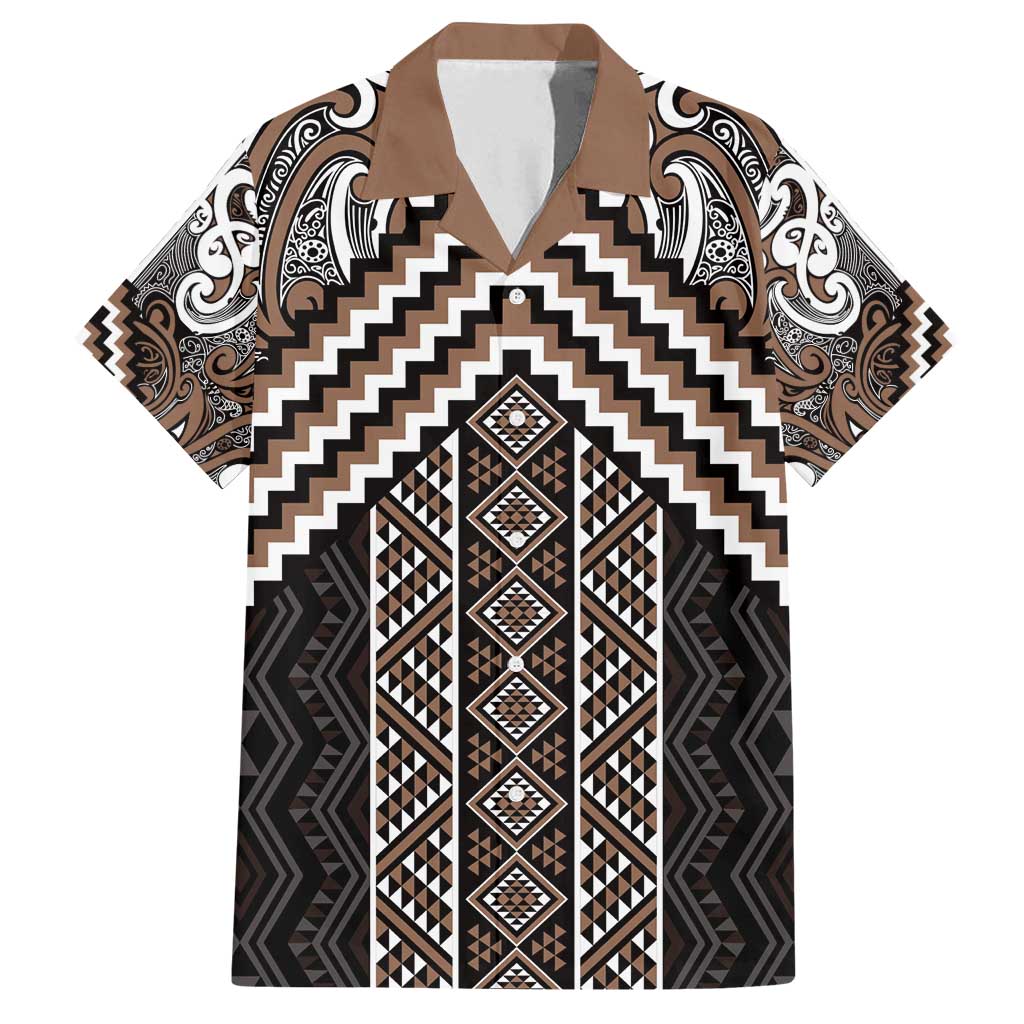 Maori Tukutuku Taniko Motifs Family Matching Long Sleeve Bodycon Dress and Hawaiian Shirt Brown Poutama Mix Kowhaiwhai
