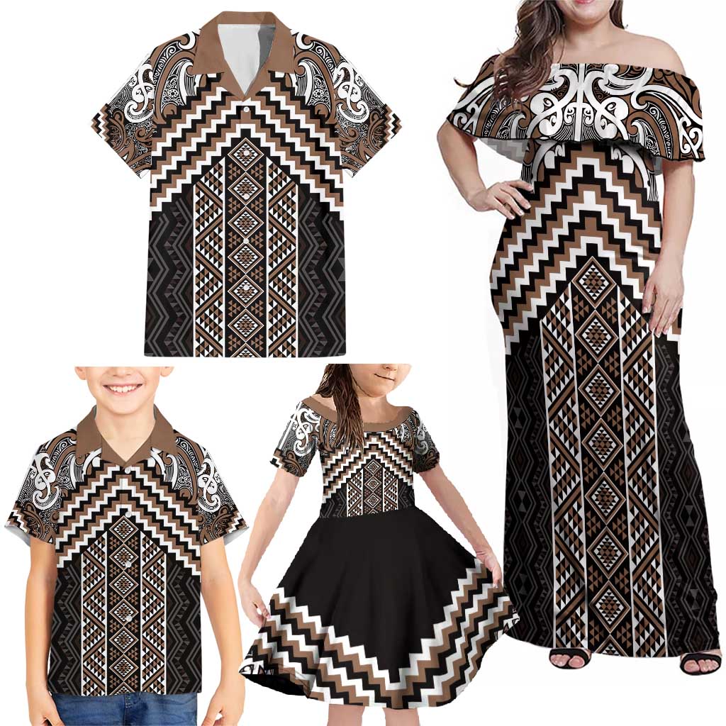 Maori Tukutuku Taniko Motifs Family Matching Off Shoulder Maxi Dress and Hawaiian Shirt Brown Poutama Mix Kowhaiwhai