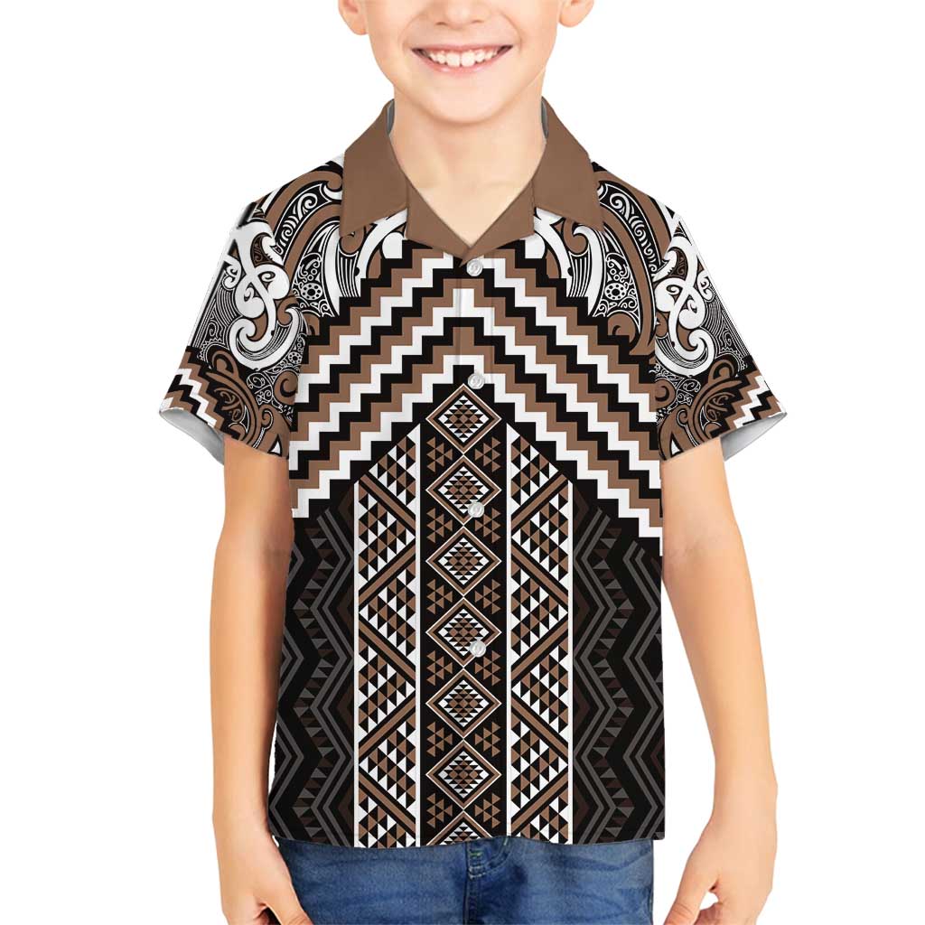 Maori Tukutuku Taniko Motifs Family Matching Off Shoulder Maxi Dress and Hawaiian Shirt Brown Poutama Mix Kowhaiwhai