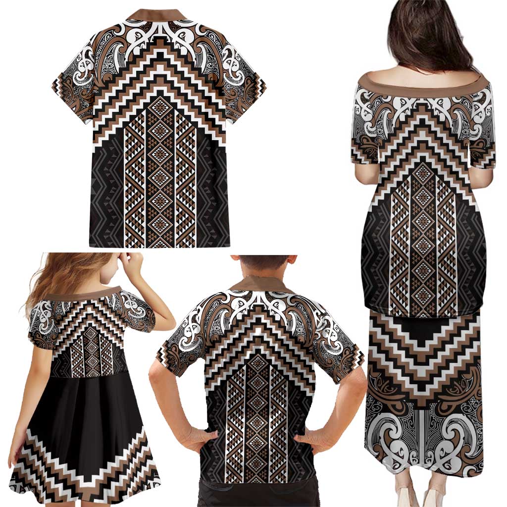 Maori Tukutuku Taniko Motifs Family Matching Puletasi and Hawaiian Shirt Brown Poutama Mix Kowhaiwhai