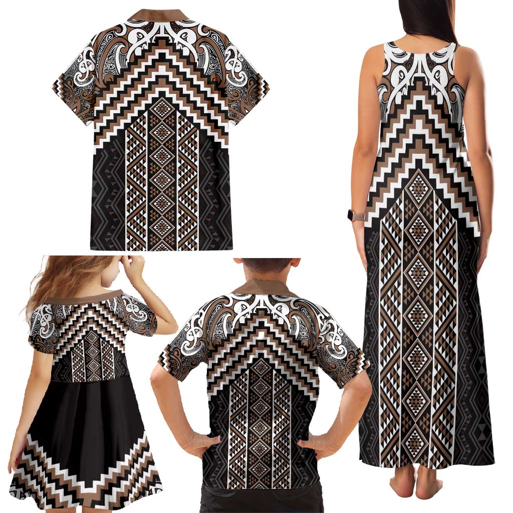 Maori Tukutuku Taniko Motifs Family Matching Tank Maxi Dress and Hawaiian Shirt Brown Poutama Mix Kowhaiwhai