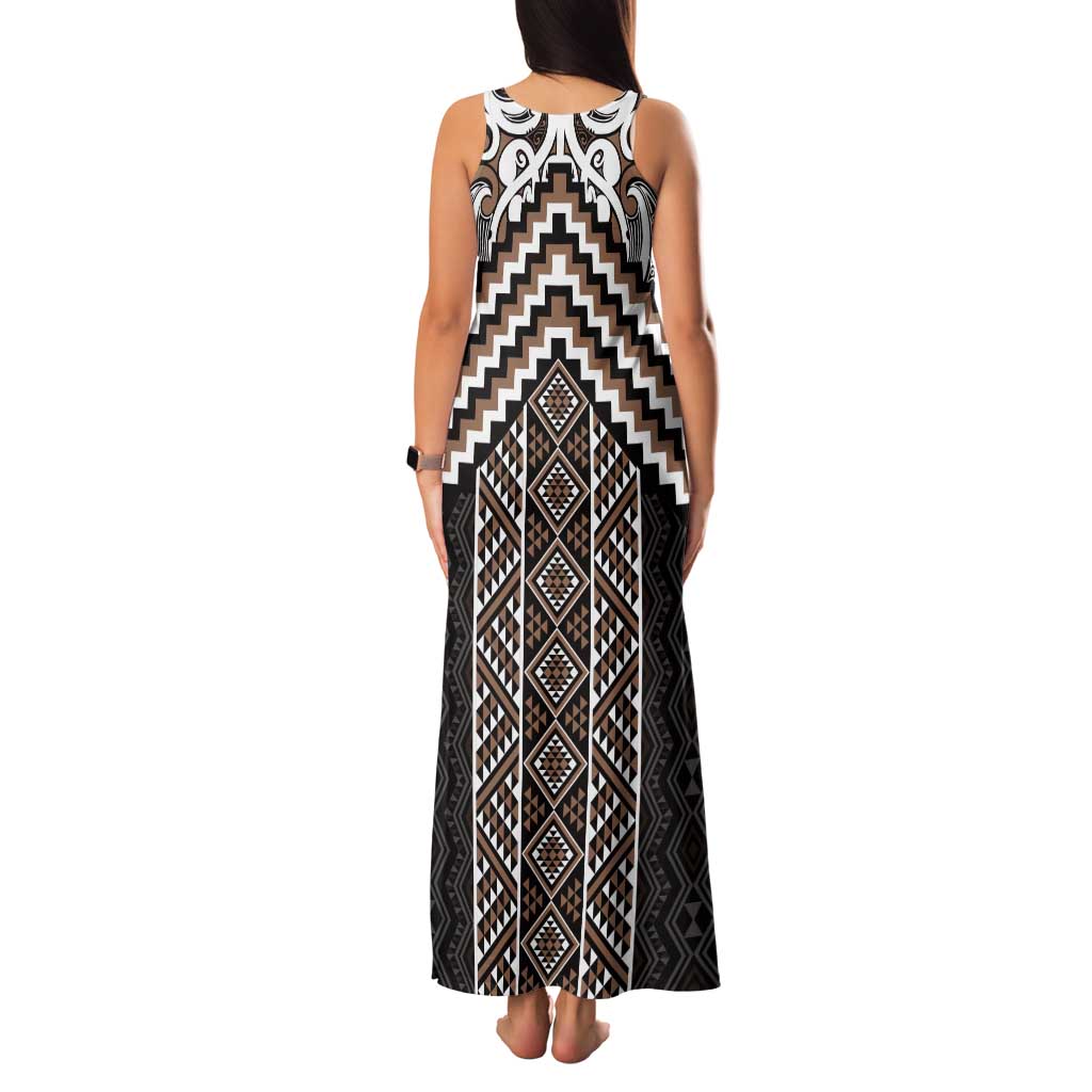 Maori Tukutuku Taniko Motifs Family Matching Tank Maxi Dress and Hawaiian Shirt Brown Poutama Mix Kowhaiwhai