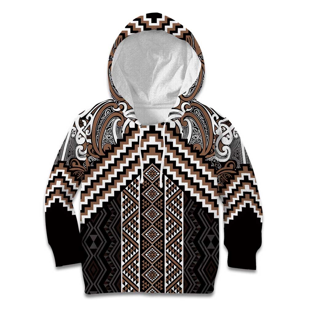 Maori Tukutuku Taniko Motifs Kid Hoodie Brown Poutama Mix Kowhaiwhai