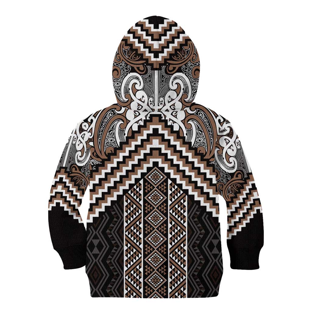 Maori Tukutuku Taniko Motifs Kid Hoodie Brown Poutama Mix Kowhaiwhai