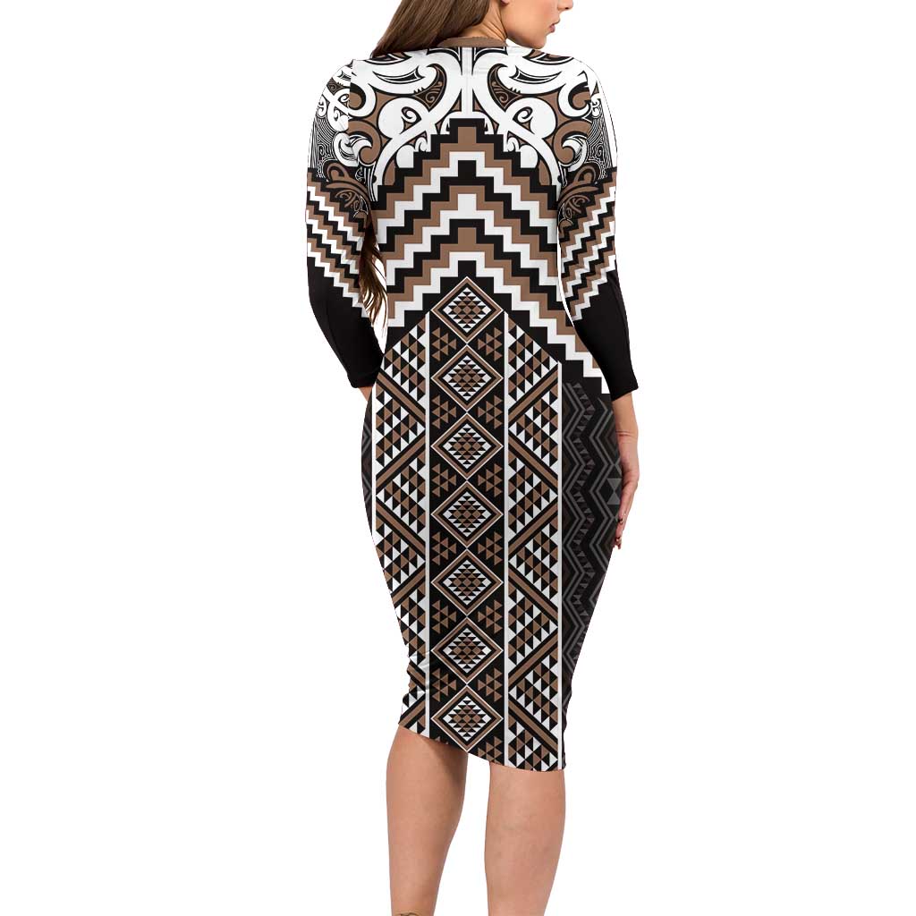 Maori Tukutuku Taniko Motifs Long Sleeve Bodycon Dress Brown Poutama Mix Kowhaiwhai