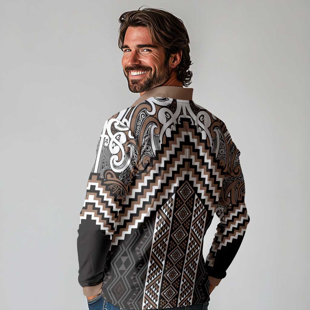 Maori Tukutuku Taniko Motifs Long Sleeve Polo Shirt Brown Poutama Mix Kowhaiwhai