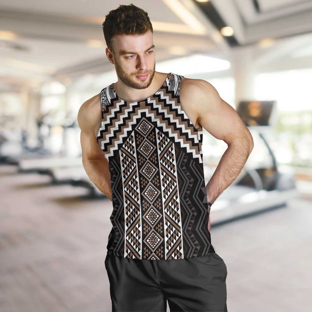 Maori Tukutuku Taniko Motifs Men Tank Top Brown Poutama Mix Kowhaiwhai LT7 Brown - Polynesian Pride
