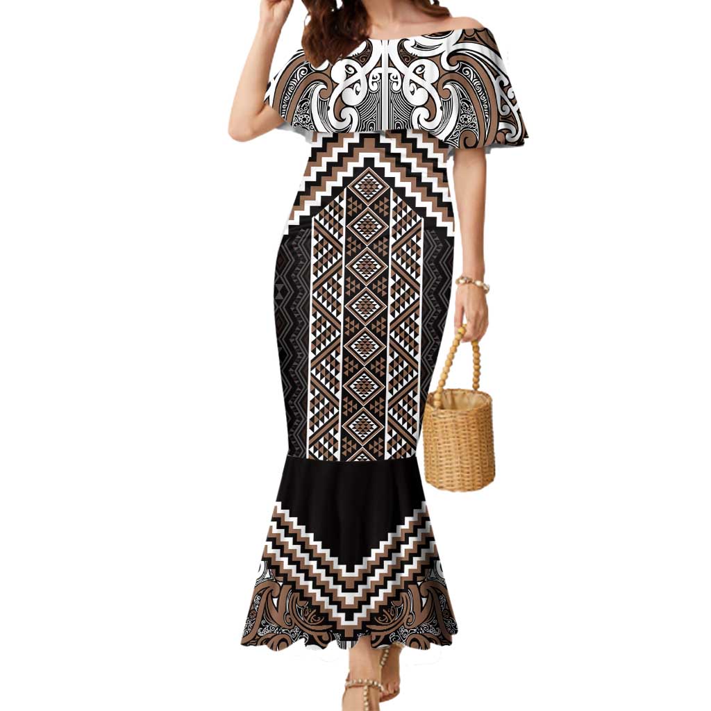 Maori Tukutuku Taniko Motifs Mermaid Dress Brown Poutama Mix Kowhaiwhai
