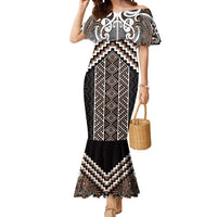 Maori Tukutuku Taniko Motifs Mermaid Dress Brown Poutama Mix Kowhaiwhai