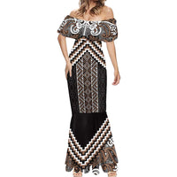 Maori Tukutuku Taniko Motifs Mermaid Dress Brown Poutama Mix Kowhaiwhai