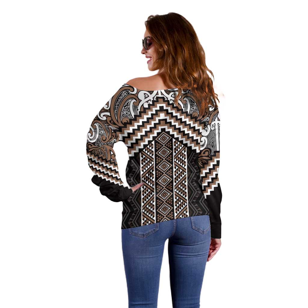 Maori Tukutuku Taniko Motifs Off Shoulder Sweater Brown Poutama Mix Kowhaiwhai
