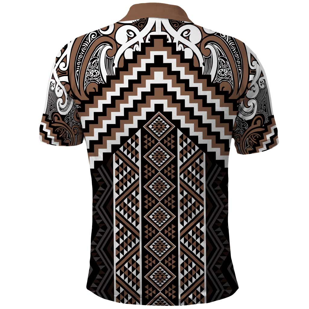 Maori Tukutuku Taniko Motifs Polo Shirt Brown Poutama Mix Kowhaiwhai