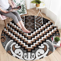 Maori Tukutuku Taniko Motifs Round Carpet Brown Poutama Mix Kowhaiwhai