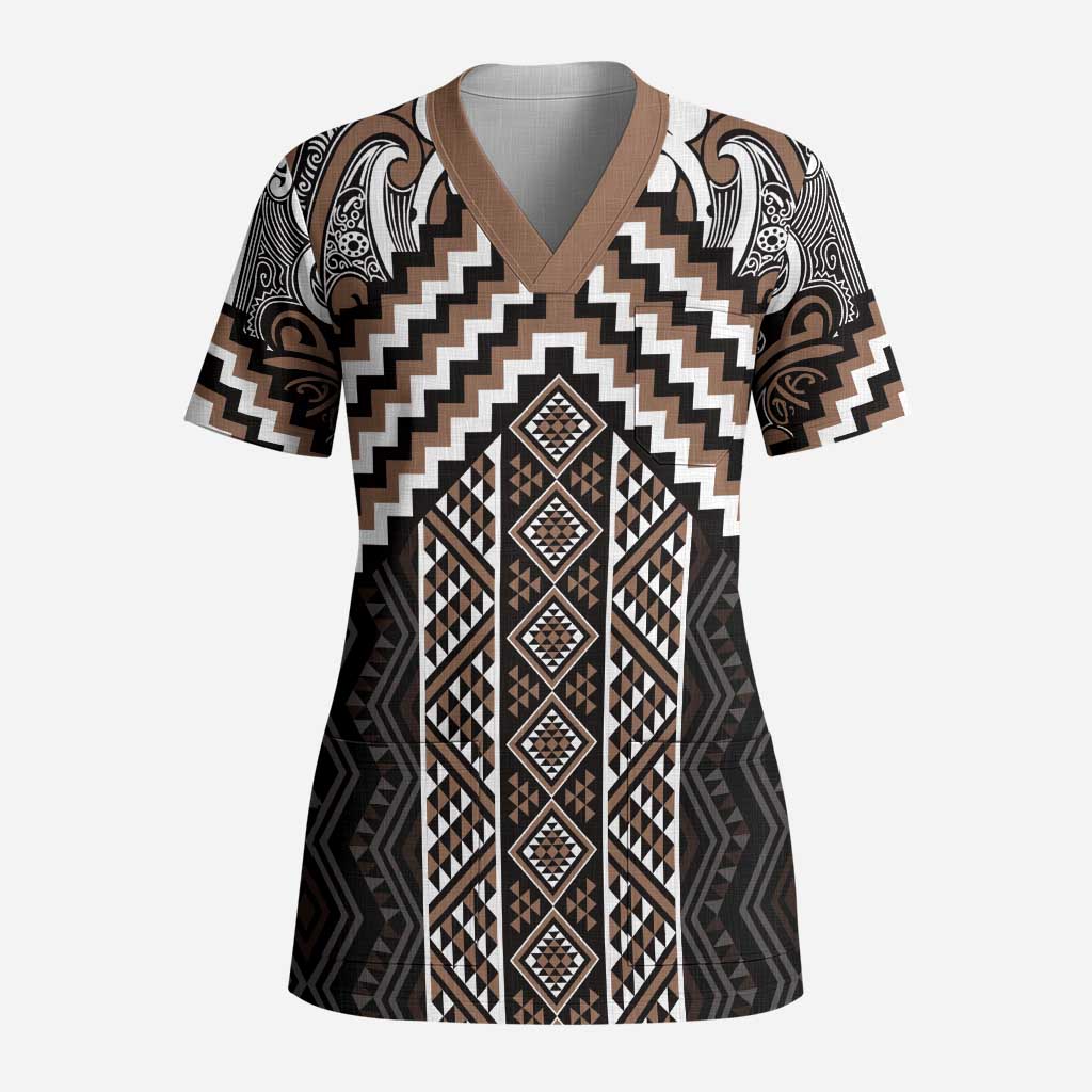 Maori Tukutuku Taniko Motifs Scrub Top Brown Poutama Mix Kowhaiwhai LT7 Adult Brown - Polynesian Pride