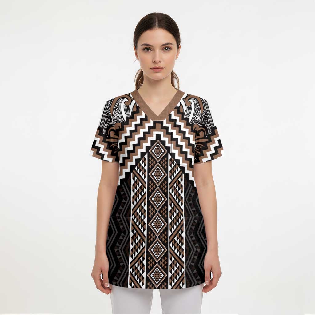 Maori Tukutuku Taniko Motifs Scrub Top Brown Poutama Mix Kowhaiwhai LT7 - Polynesian Pride
