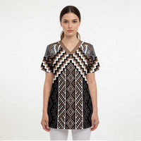 Maori Tukutuku Taniko Motifs Scrub Top Brown Poutama Mix Kowhaiwhai LT7 - Polynesian Pride