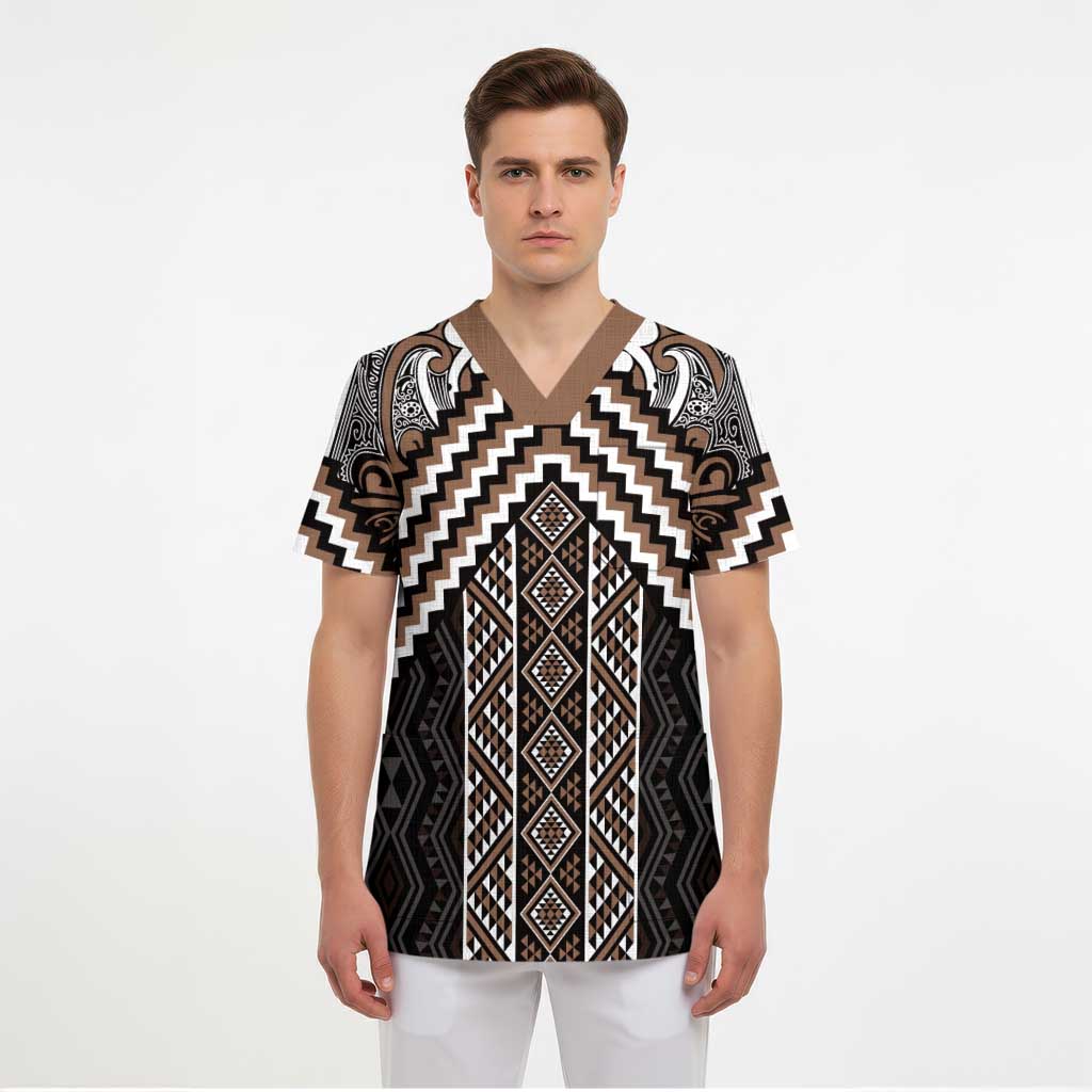 Maori Tukutuku Taniko Motifs Scrub Top Brown Poutama Mix Kowhaiwhai LT7 - Polynesian Pride