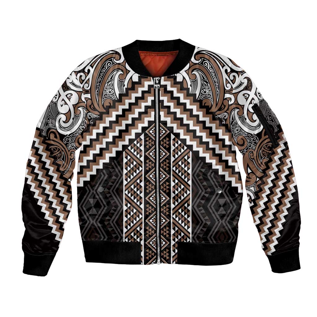 Maori Tukutuku Taniko Motifs Sleeve Zip Bomber Jacket Brown Poutama Mix Kowhaiwhai