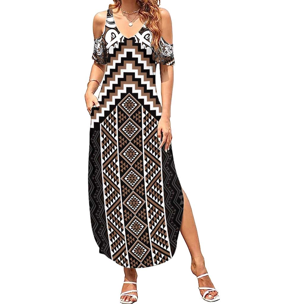 Maori Tukutuku Taniko Motifs Summer Maxi Dress Brown Poutama Mix Kowhaiwhai LT7 Women Brown - Polynesian Pride