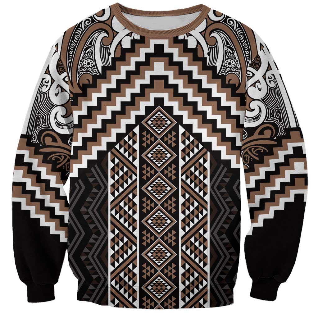 Maori Tukutuku Taniko Motifs Sweatshirt Brown Poutama Mix Kowhaiwhai LT7 Unisex Brown - Polynesian Pride