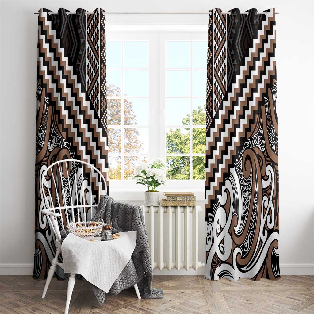 Maori Tukutuku Taniko Motifs Window Curtain Brown Poutama Mix Kowhaiwhai
