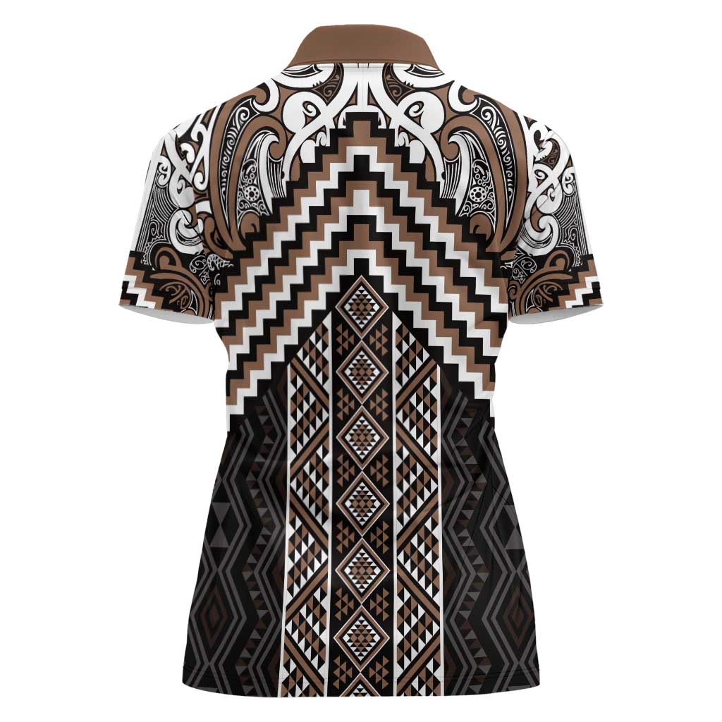 Maori Tukutuku Taniko Motifs Women Polo Shirt Brown Poutama Mix Kowhaiwhai