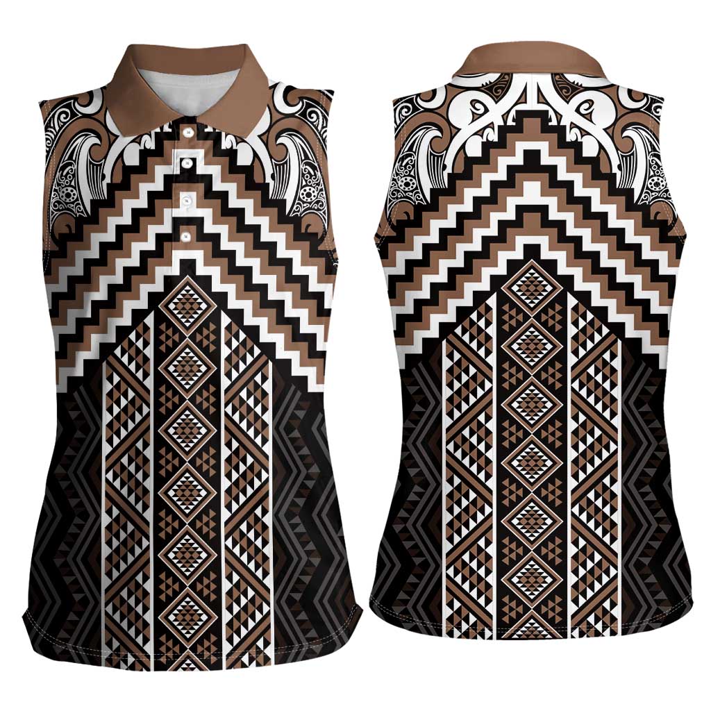 Maori Tukutuku Taniko Motifs Women Sleeveless Polo Shirt Brown Poutama Mix Kowhaiwhai