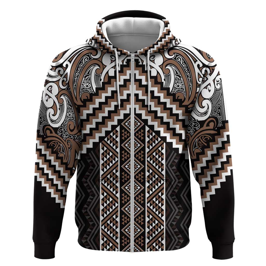 Maori Tukutuku Taniko Motifs Zip Hoodie Brown Poutama Mix Kowhaiwhai
