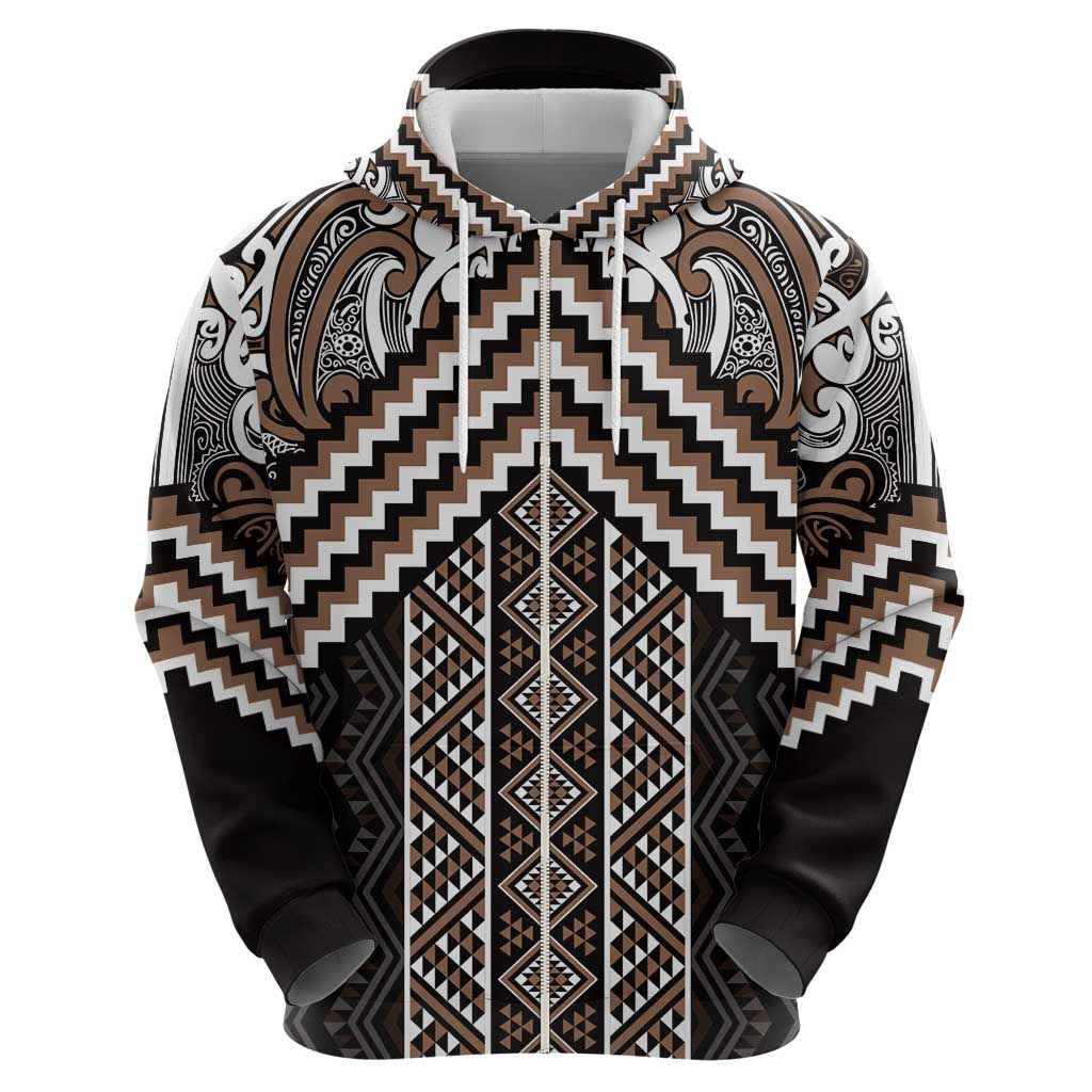 Maori Tukutuku Taniko Motifs Zip Hoodie Brown Poutama Mix Kowhaiwhai