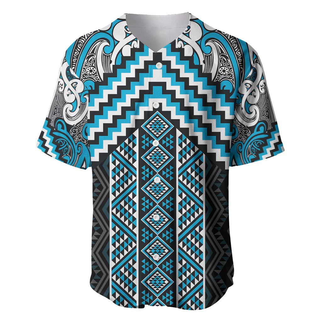 Maori Tukutuku Taniko Motifs Baseball Jersey Turquoise Poutama Mix Kowhaiwhai