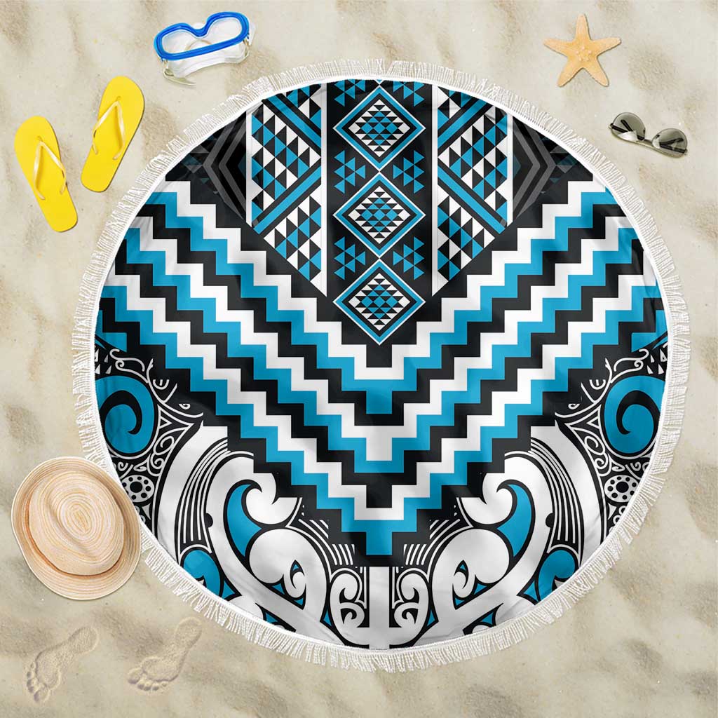 Maori Tukutuku Taniko Motifs Beach Blanket Turquoise Poutama Mix Kowhaiwhai LT7 One Size 150cm Turquoise - Polynesian Pride