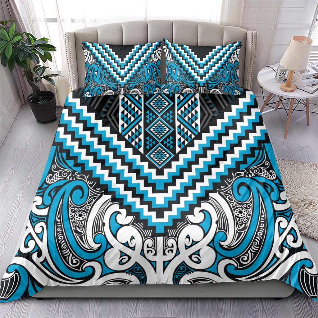 Maori Tukutuku Taniko Motifs Bedding Set Turquoise Poutama Mix Kowhaiwhai