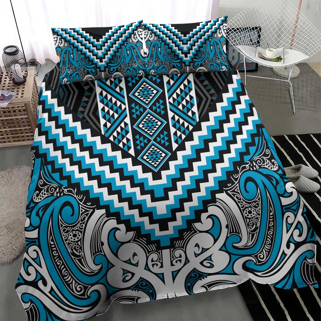 Maori Tukutuku Taniko Motifs Bedding Set Turquoise Poutama Mix Kowhaiwhai