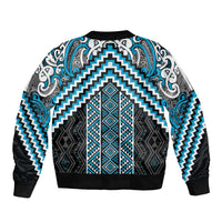 Maori Tukutuku Taniko Motifs Bomber Jacket Turquoise Poutama Mix Kowhaiwhai