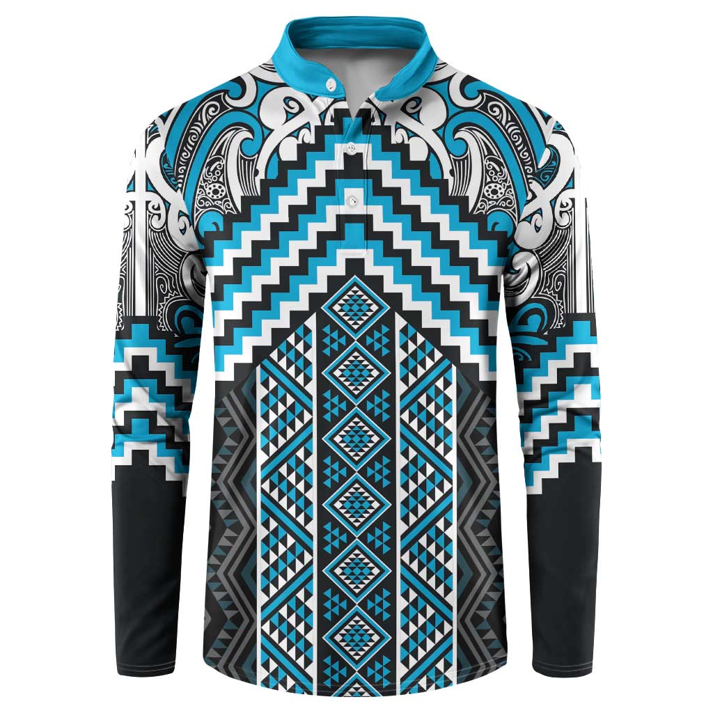 Maori Tukutuku Taniko Motifs Button Sweatshirt Turquoise Poutama Mix Kowhaiwhai LT7 Turquoise - Polynesian Pride