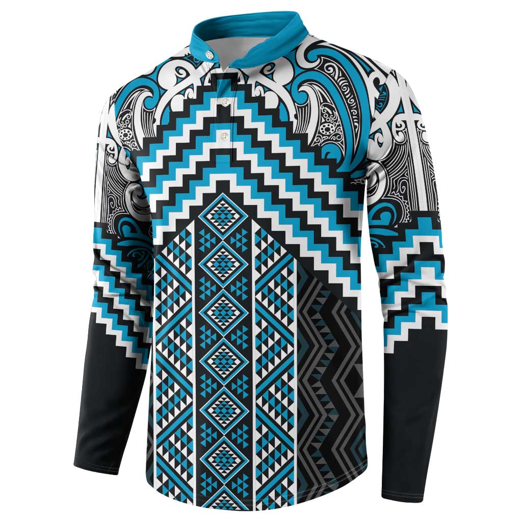 Maori Tukutuku Taniko Motifs Button Sweatshirt Turquoise Poutama Mix Kowhaiwhai LT7 - Polynesian Pride