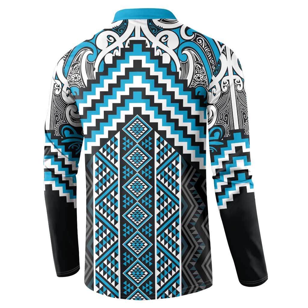 Maori Tukutuku Taniko Motifs Button Sweatshirt Turquoise Poutama Mix Kowhaiwhai LT7 - Polynesian Pride