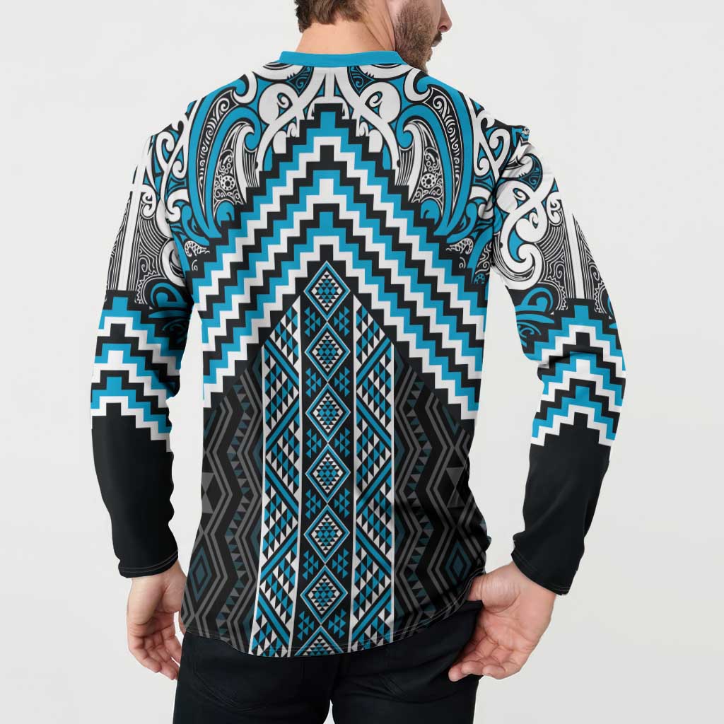 Maori Tukutuku Taniko Motifs Button Sweatshirt Turquoise Poutama Mix Kowhaiwhai LT7 - Polynesian Pride