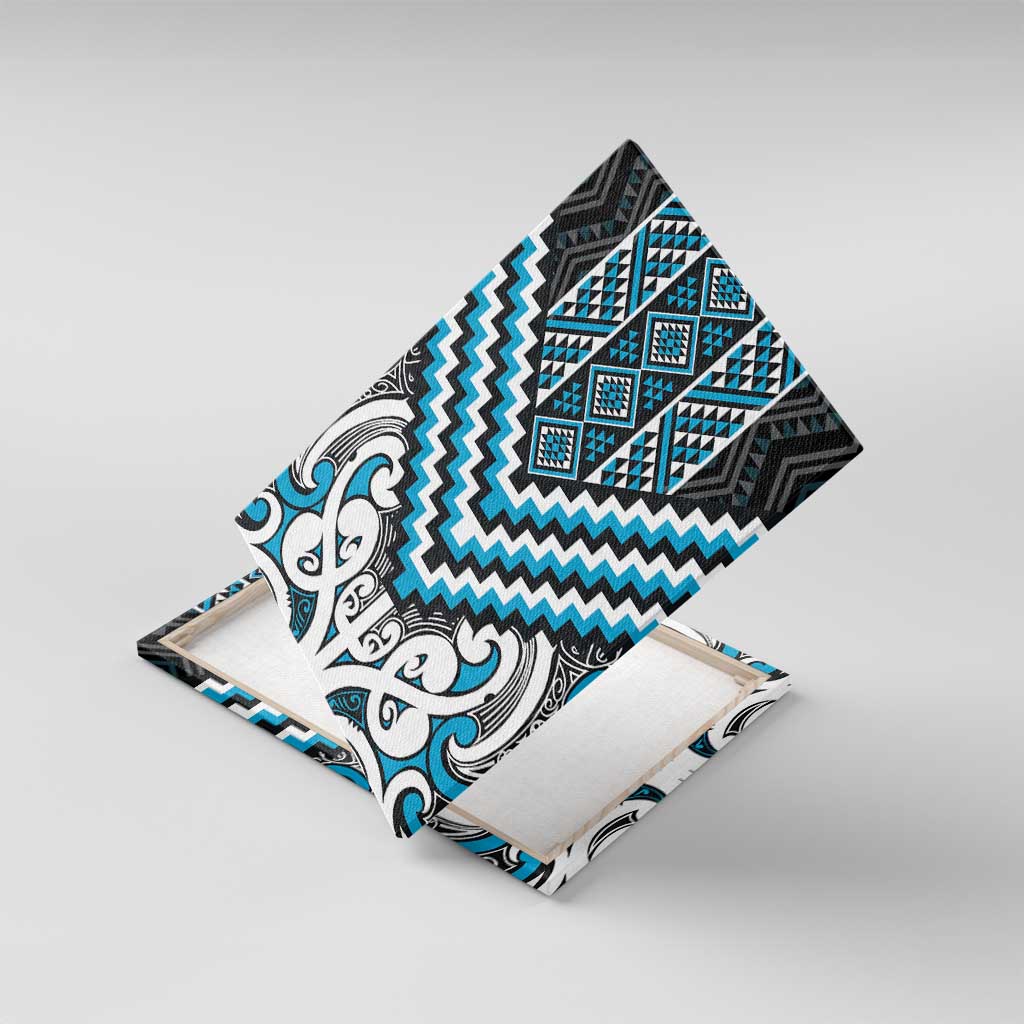 Maori Tukutuku Taniko Motifs Canvas Wall Art Turquoise Poutama Mix Kowhaiwhai LT7 With Frame Turquoise - Polynesian Pride