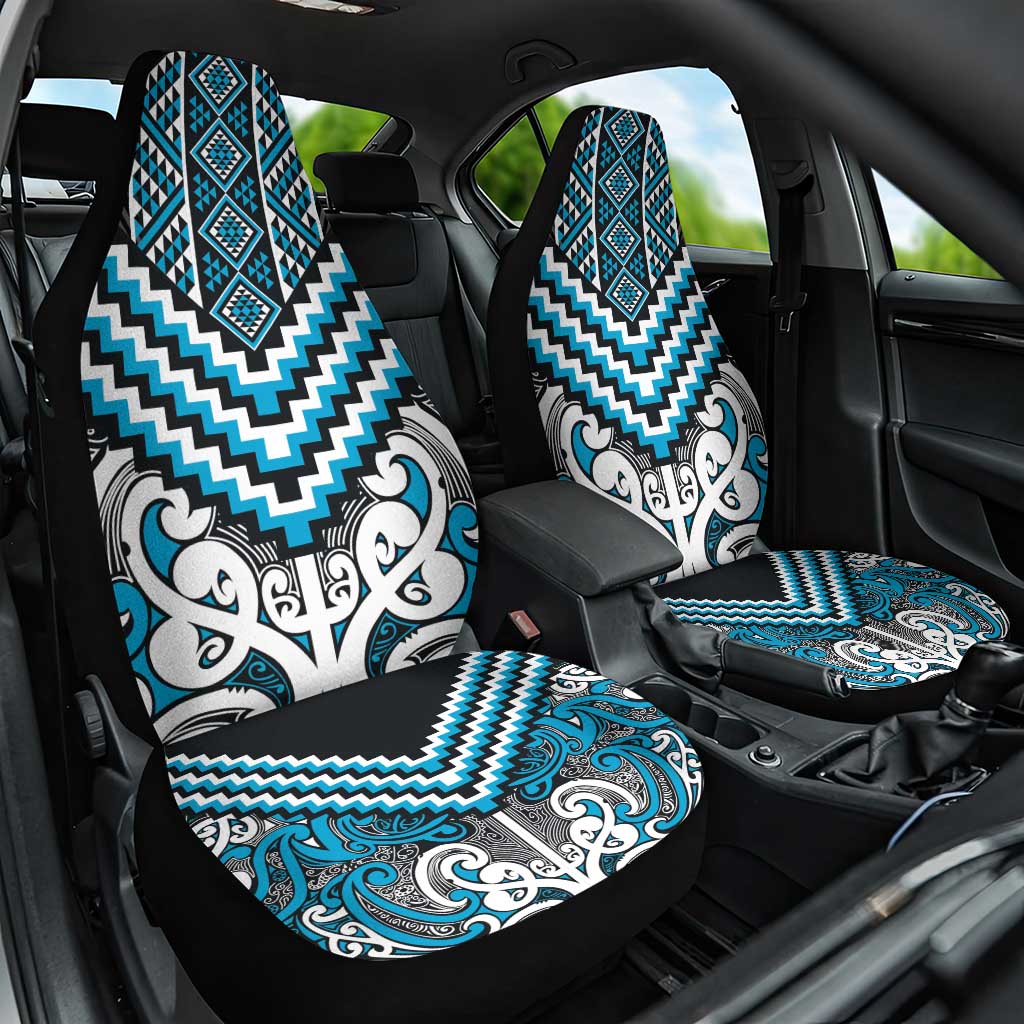 Maori Tukutuku Taniko Motifs Car Seat Cover Turquoise Poutama Mix Kowhaiwhai