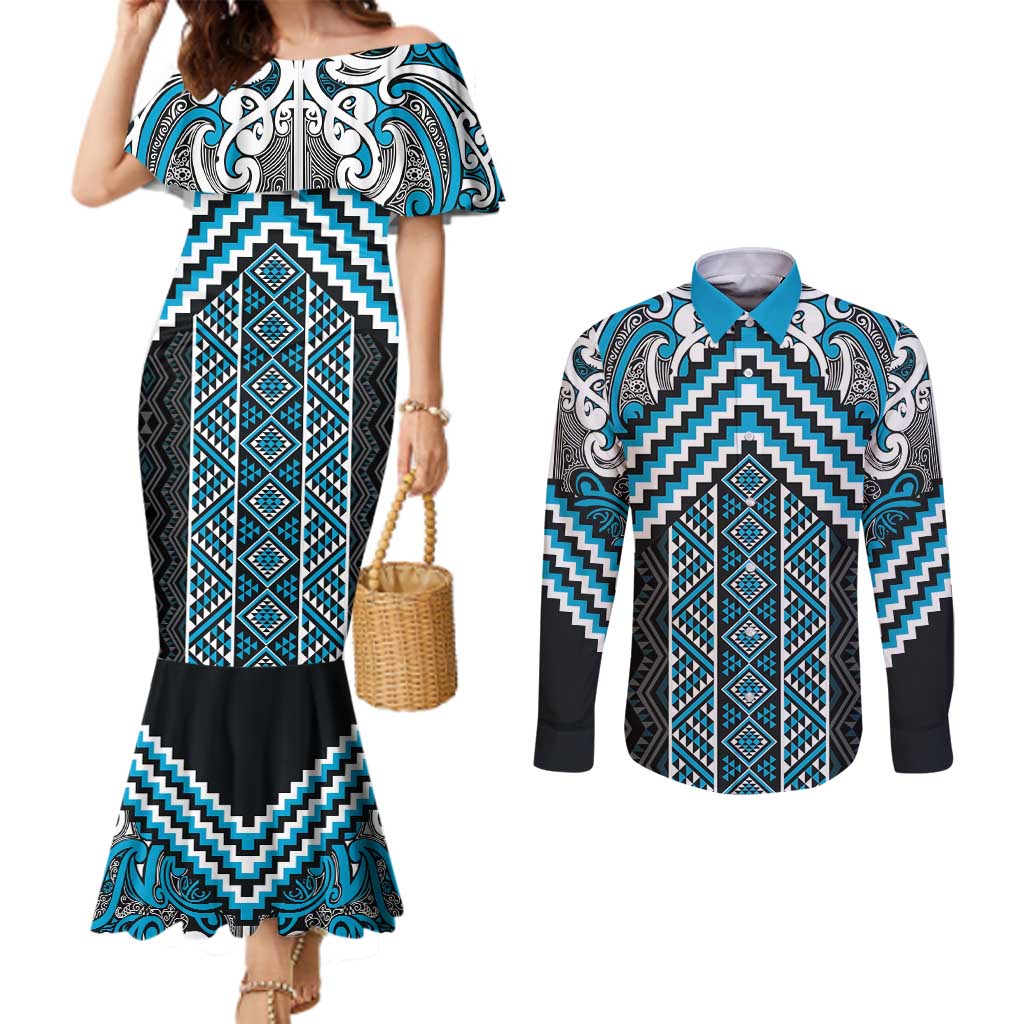 Maori Tukutuku Taniko Motifs Couples Matching Mermaid Dress and Long Sleeve Button Shirt Turquoise Poutama Mix Kowhaiwhai